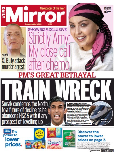 Daily Mirror (UK) Newspaper Front Page for 5 October 2023
