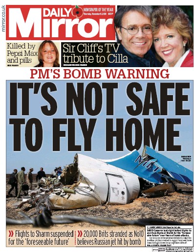 Daily Mirror Newspaper Front Page for 5 November 2015