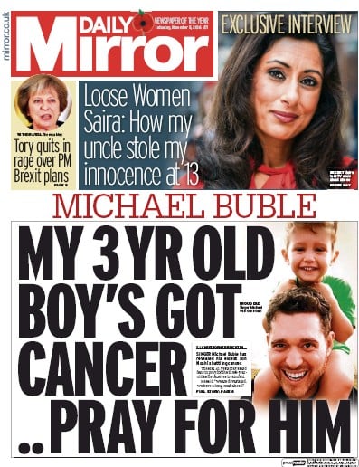 Daily Mirror Newspaper Front Page for 5 November 2016