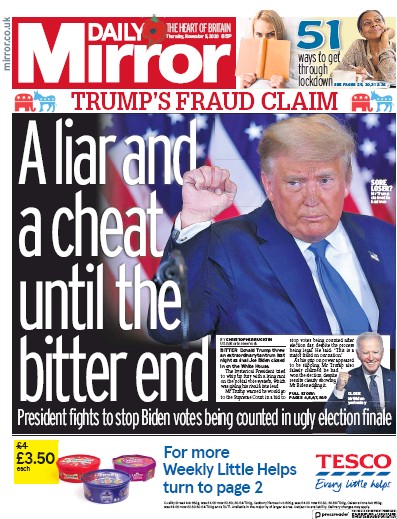 Daily Mirror (UK) Newspaper Front Page for 5 November 2020