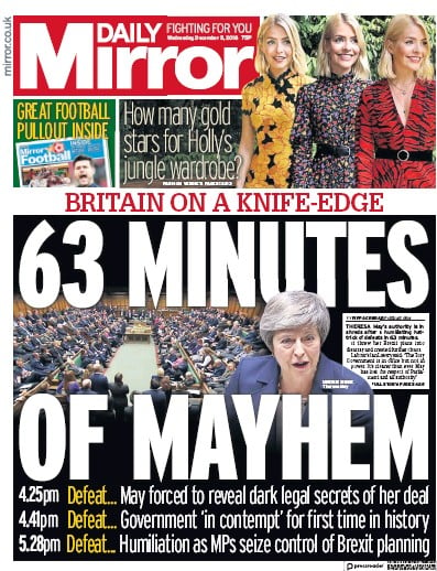 Daily Mirror Newspaper Front Page for 5 December 2018