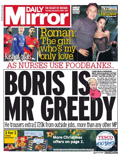 Daily Mirror Newspaper Front Page for 5 December 2019