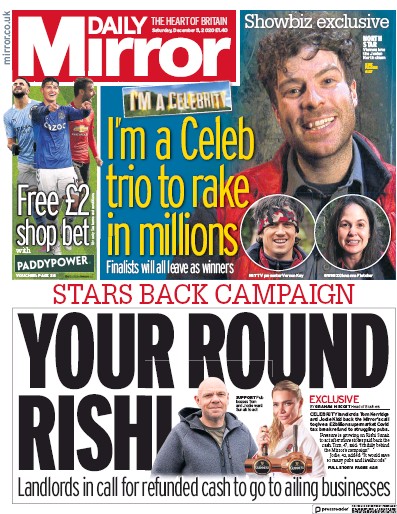 Daily Mirror Newspaper Front Page for 5 December 2020