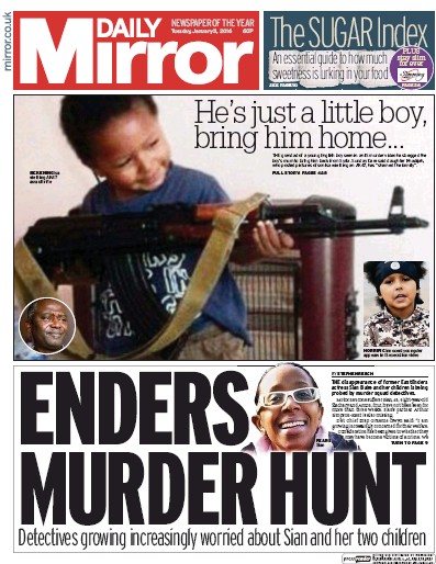 Daily Mirror Newspaper Front Page for 5 January 2016