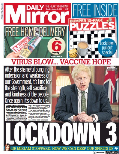 Daily Mirror (UK) Newspaper Front Page for 5 January 2021