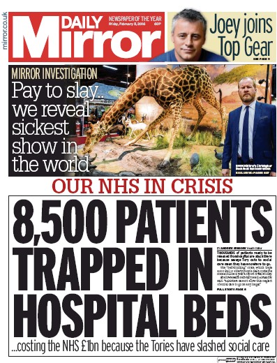 Daily Mirror Newspaper Front Page for 5 February 2016