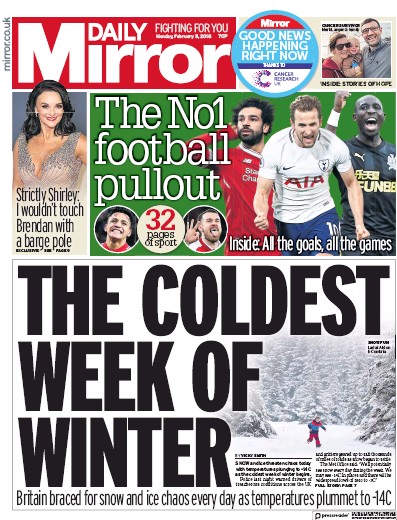 Daily Mirror Newspaper Front Page for 5 February 2018