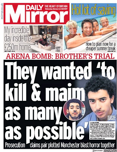 Daily Mirror Newspaper Front Page for 5 February 2020