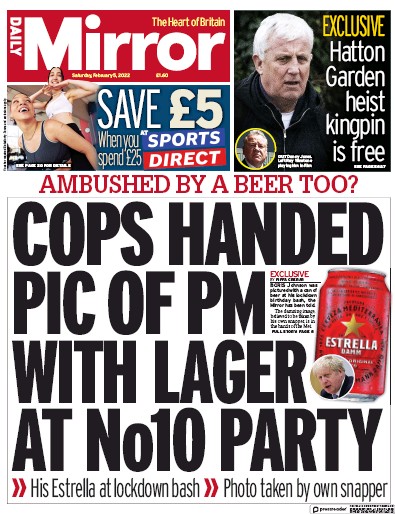 Daily Mirror (UK) Newspaper Front Page for 5 February 2022