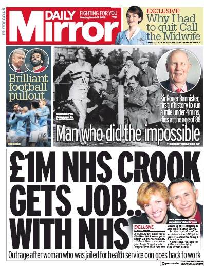 Daily Mirror (UK) Newspaper Front Page for 5 March 2018