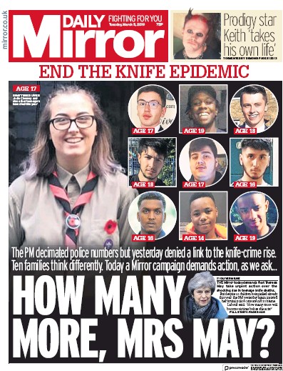 Daily Mirror Newspaper Front Page for 5 March 2019