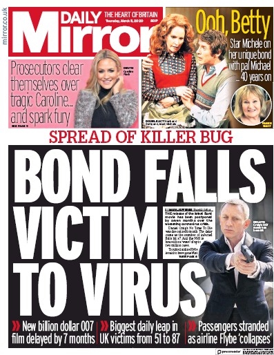 Daily Mirror Newspaper Front Page for 5 March 2020