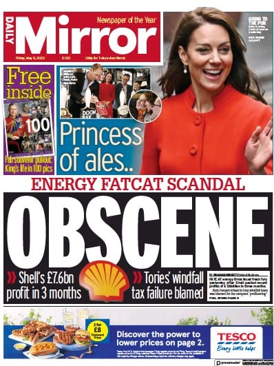 Daily Mirror Newspaper Front Page for 5 May 2023