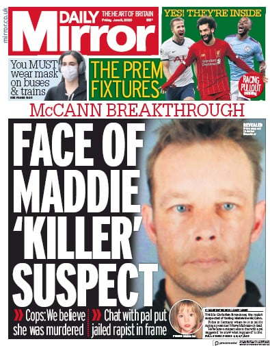 Daily Mirror Newspaper Front Page for 5 June 2020