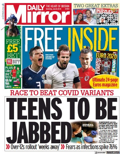 Daily Mirror Newspaper Front Page for 5 June 2021