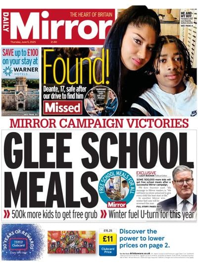 Daily Mirror (UK) Newspaper Front Page for 5 June 2025