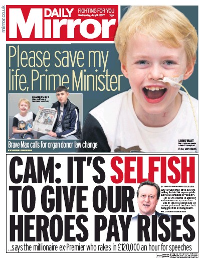 Daily Mirror Newspaper Front Page for 5 July 2017
