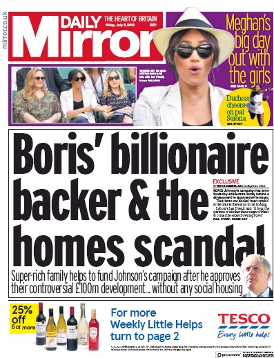 Daily Mirror Newspaper Front Page for 5 July 2019