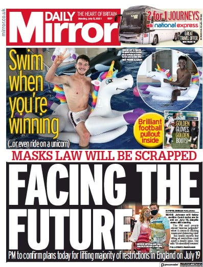 Daily Mirror (UK) Newspaper Front Page for 5 July 2021