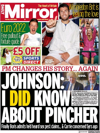 Daily Mirror (UK) Newspaper Front Page for 5 July 2022