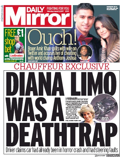 Daily Mirror (UK) Newspaper Front Page for 5 August 2017