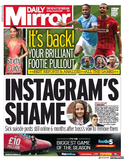 Daily Mirror Newspaper Front Page for 5 August 2019