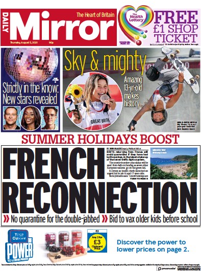 Daily Mirror (UK) Newspaper Front Page for 5 August 2021