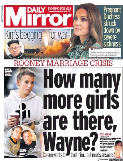 Daily Mirror (UK) Newspaper Front Page for 5 September 2017