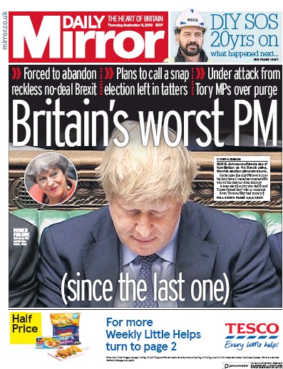 Daily Mirror Newspaper Front Page for 5 September 2019