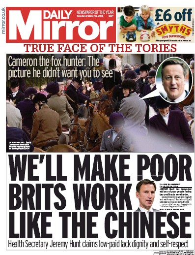 Daily Mirror Newspaper Front Page for 6 October 2015