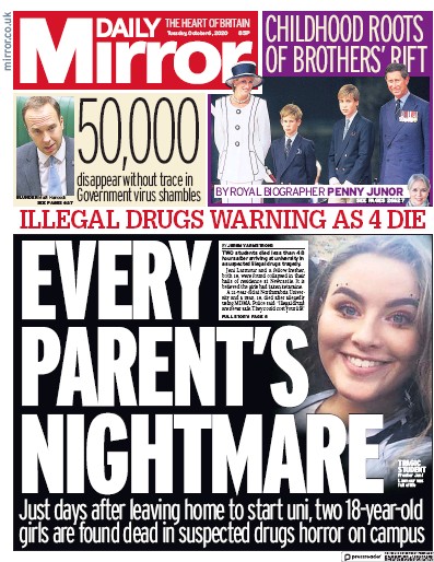 Daily Mirror (UK) Newspaper Front Page for 6 October 2020