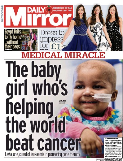 Daily Mirror Newspaper Front Page for 6 November 2015