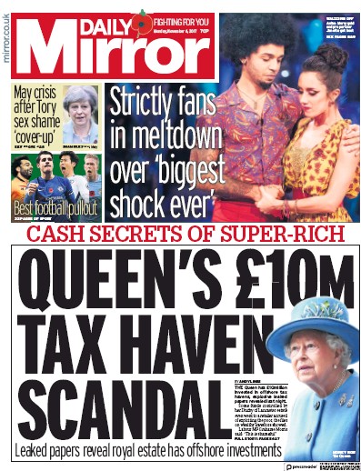 Daily Mirror Newspaper Front Page for 6 November 2017