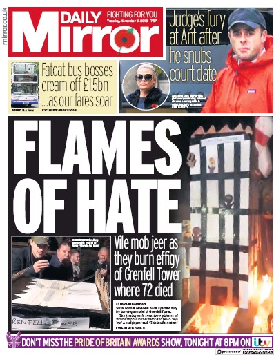 Daily Mirror Newspaper Front Page for 6 November 2018