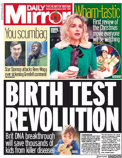 Daily Mirror Newspaper Front Page for 6 November 2019