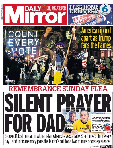 Daily Mirror Newspaper Front Page for 6 November 2020