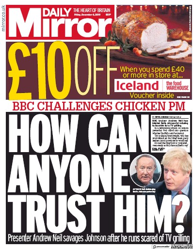 Daily Mirror Newspaper Front Page for 6 December 2019