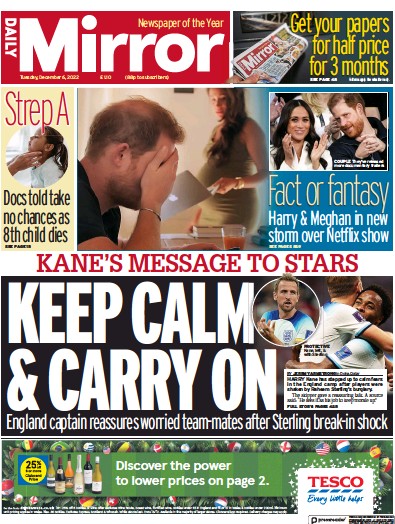 Daily Mirror (UK) Newspaper Front Page for 6 December 2022