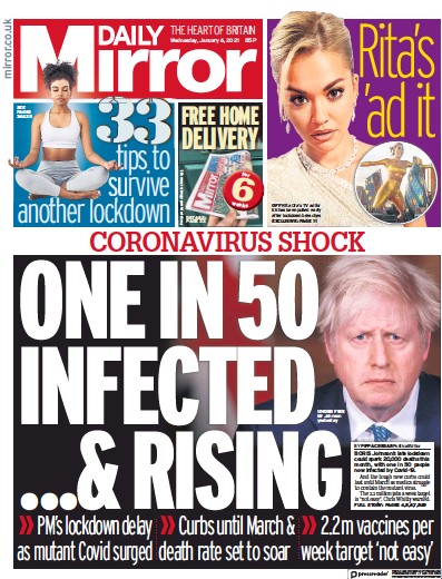 Daily Mirror Newspaper Front Page for 6 January 2021
