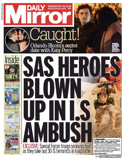Daily Mirror Newspaper Front Page for 6 February 2016