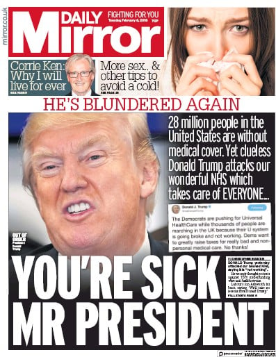 Daily Mirror Newspaper Front Page for 6 February 2018