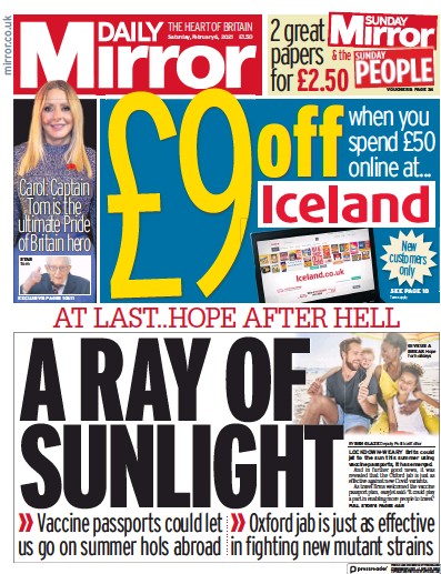 Daily Mirror Newspaper Front Page for 6 February 2021