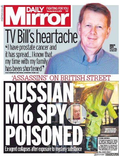 Daily Mirror (UK) Newspaper Front Page for 6 March 2018
