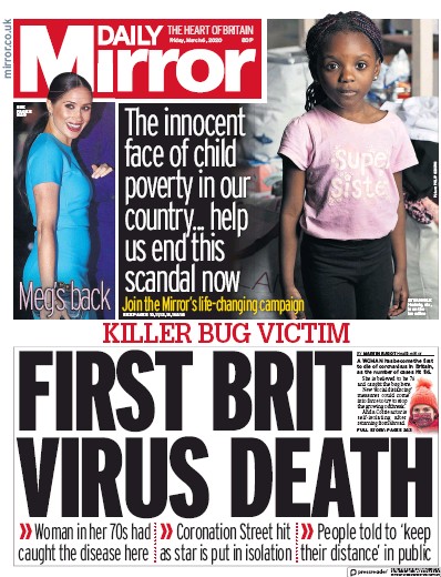 Daily Mirror Newspaper Front Page for 6 March 2020