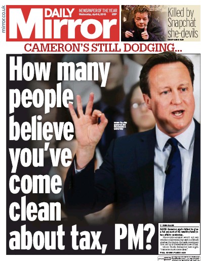 Daily Mirror Newspaper Front Page for 6 April 2016