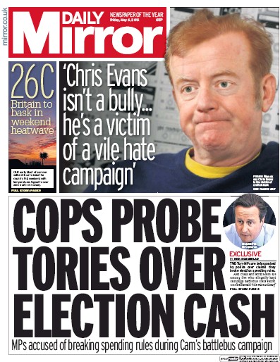 Daily Mirror Newspaper Front Page for 6 May 2016