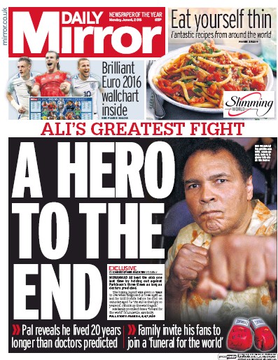 Daily Mirror Newspaper Front Page for 6 June 2016