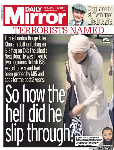 Daily Mirror (UK) Newspaper Front Page for 6 June 2017
