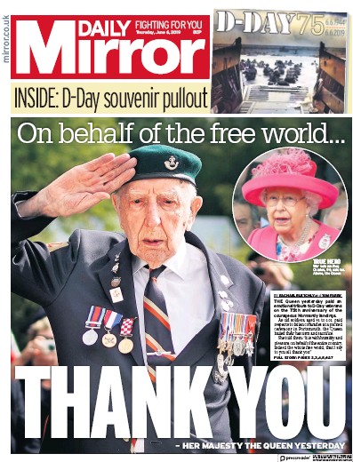 Daily Mirror (UK) Newspaper Front Page for 6 June 2019