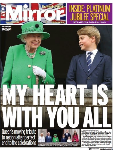 Daily Mirror (UK) Newspaper Front Page for 6 June 2022
